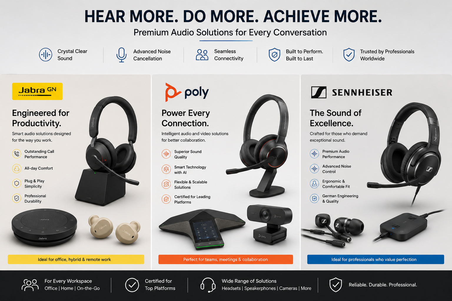 Front view of Jabra, Sennheiser, Poly Headsets server